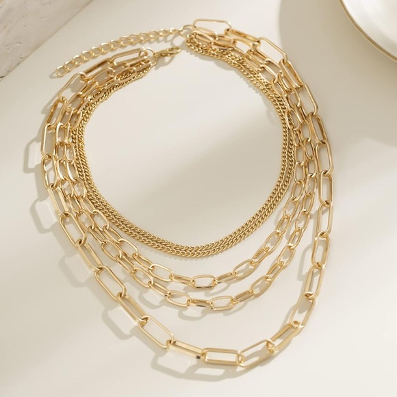 NEW! 14K Gold 5 Layered Paperclip Chains Choker Necklace Adjustable - Picture 15 of 15